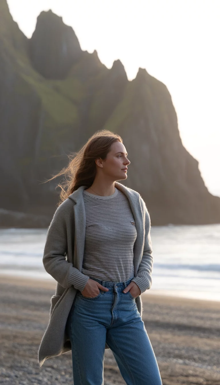 A beautiful 27-year-old woman in a striped t-shirt, blue jeans, and a grey cardigan, she stands on a pebble beach with rocky cliffs in the background.