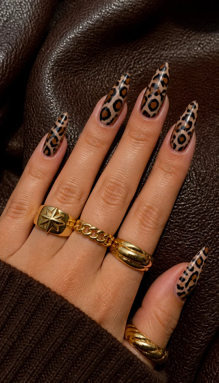 close-up shot of a woman’s hand with five fingers showing long, pointed almond nails with a playful leopard print design and chunky gold rings, textured leather background.