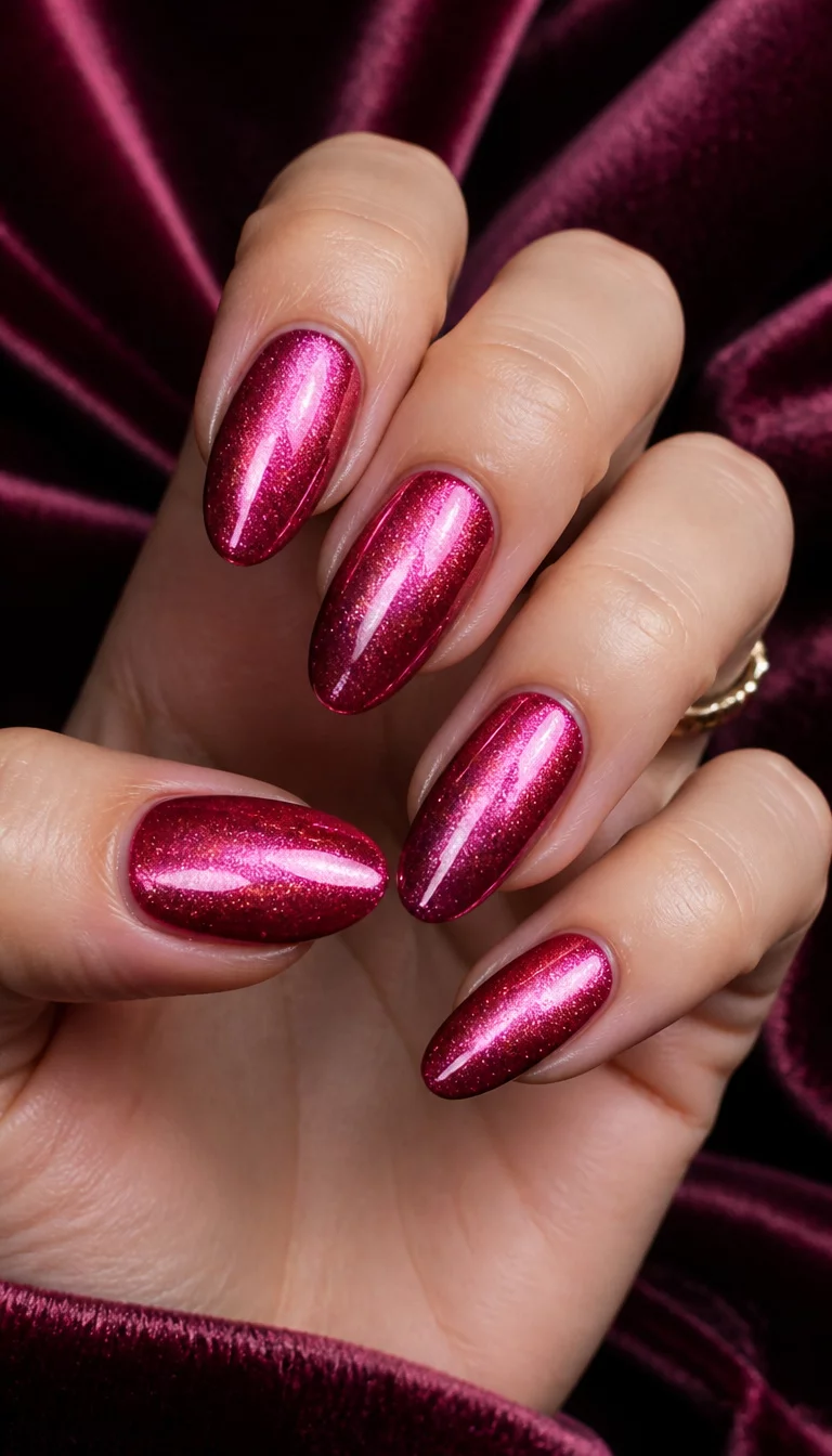 close-up shot of a woman’s hand with five fingers showing almond-shaped nails with a deep pink, shimmering cat eye effect, showcasing reflective, almost metallic stripes, velvet cloth background.