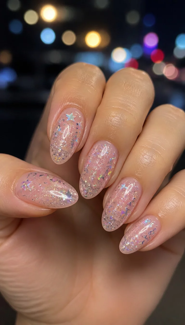 close-up shot of a woman’s hand with five fingers showing almond-shaped nails with a pale pink base, covered in shimmering glitter and holographic star confetti, blurry night lights background.