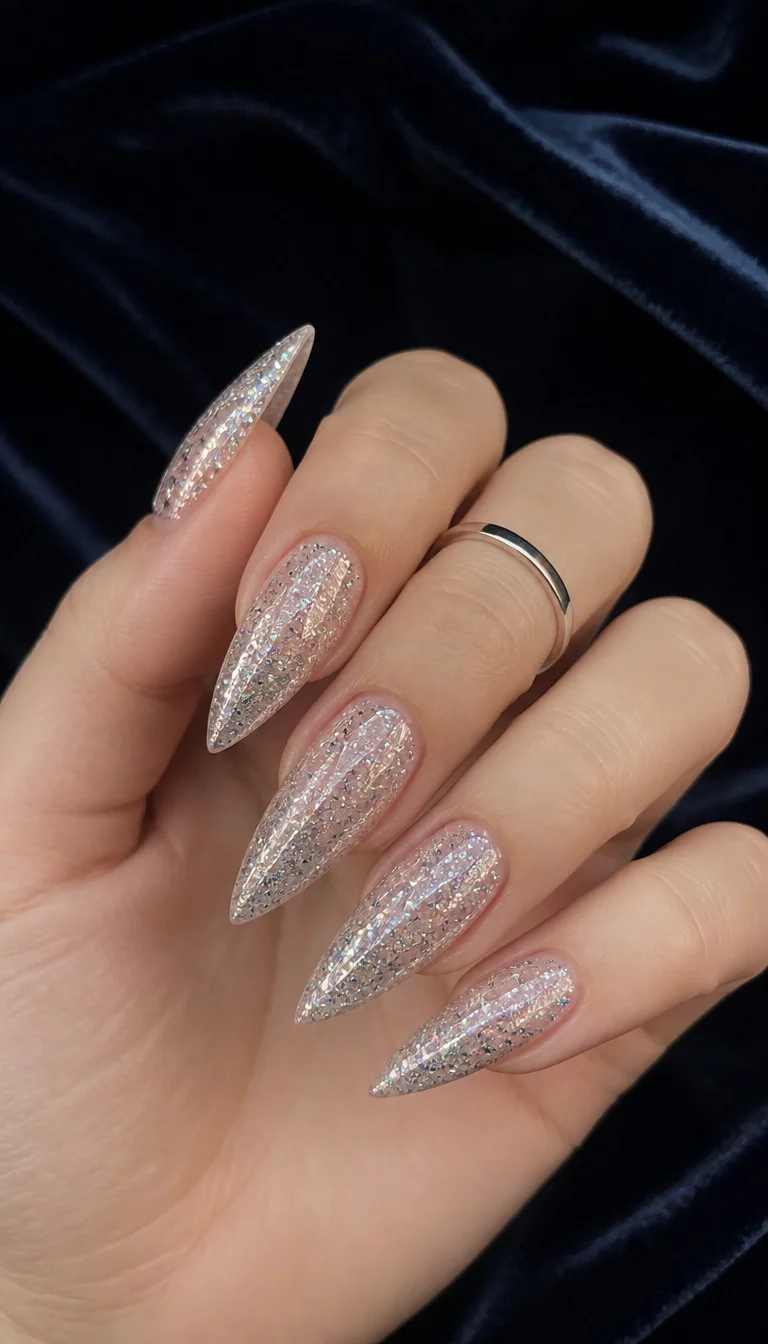 close-up shot of a woman’s hand with five fingers showing stiletto nails adorned with shimmering glitter and tiny star outlines, a simple silver band is worn on one finger, dark velvet background.