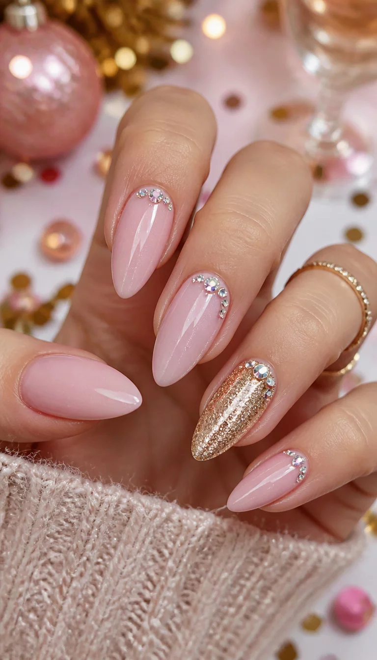 close-up shot of a woman’s hand with five fingers showing almond-shaped nails in a soft pink hue, with a sparkling gold accent nail and small rhinestones, festive background with confetti.