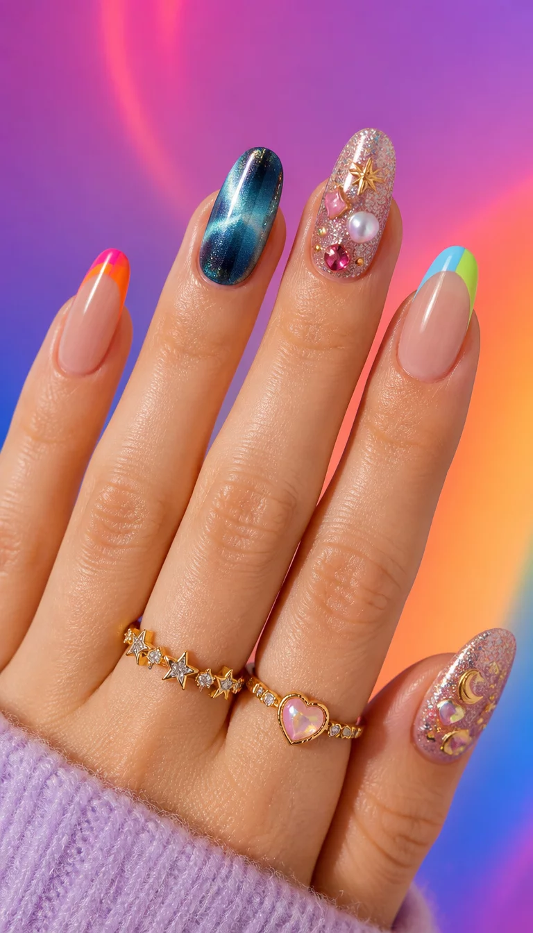 close-up shot of a woman’s hand with five fingers showing a collage of three nail styles: colorful French tips, metallic cat-eye nails, and glittery nails with various charms, colorful studio background.