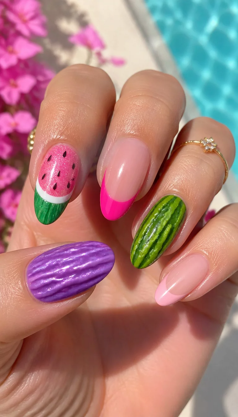 close-up shot of a woman’s hand with five fingers showing a collage of two nail styles: unique, textured purple and green watermelon-inspired nails, and classic pink French tip nails, bright summer transition background.