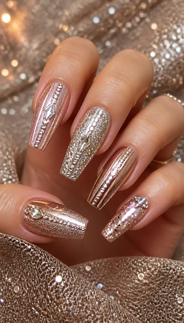 close-up shot of a woman’s hand with five fingers showing long, coffin-shaped nails in shimmering rose gold and silver, adorned with rhinestones and small gems, sparkling fabric background.