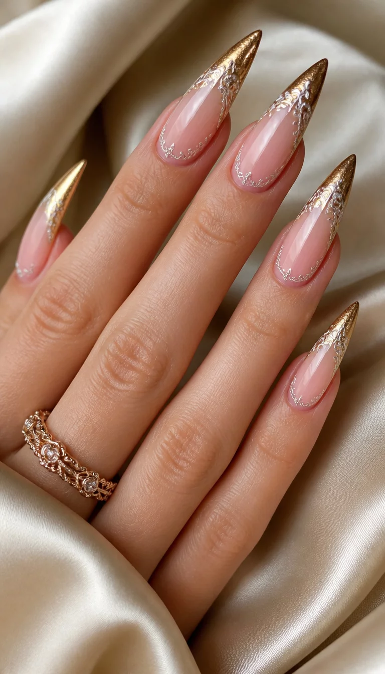 close-up shot of a woman’s hand with five fingers showing long, pointed almond nails with a pink base and a shimmering gold French tip, accented with delicate silver filigree, silk fabric background.
