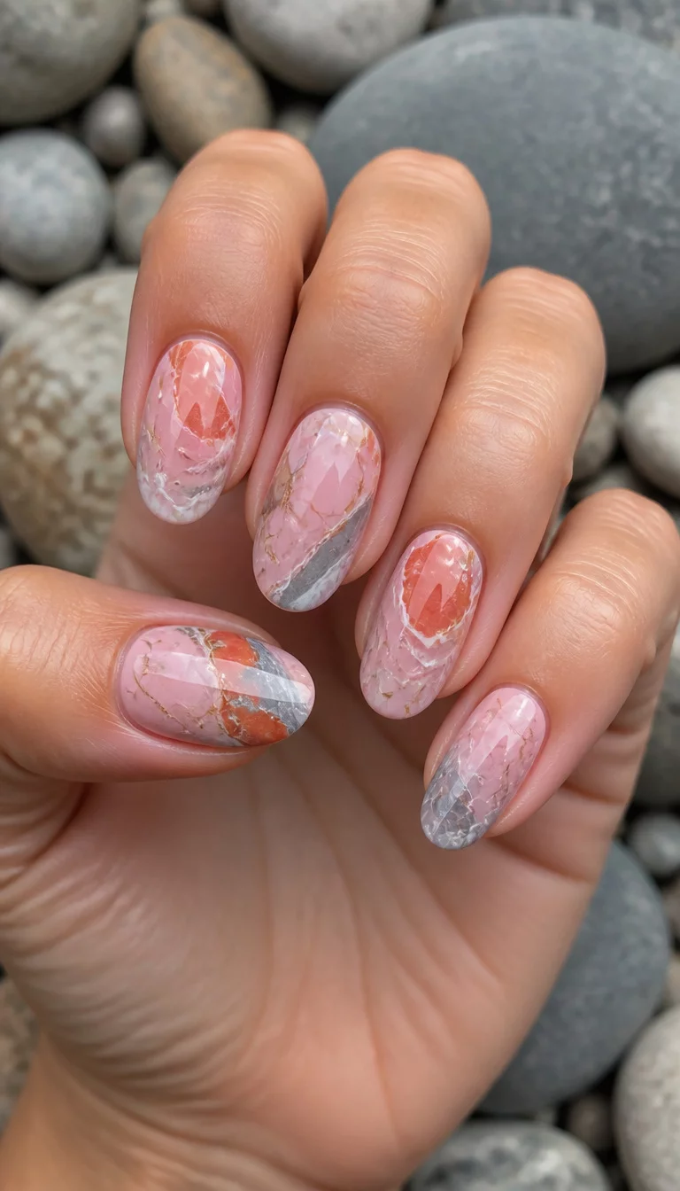 close-up shot of a woman’s hand with five fingers showing oval nails with a pink base showcasing abstract patterns of orange, white, and grey, resembling marbles or stones, smooth river stone background.