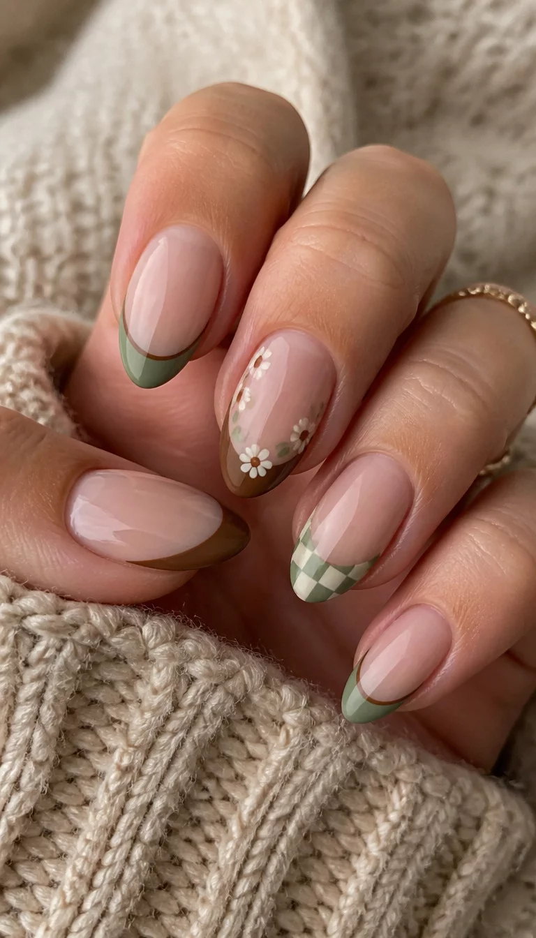 close-up shot of a woman’s hand with five fingers showing almond-shaped nails with a French tip design featuring a sage green border and brown tips, along with checkered and floral accents, cozy sweater background.