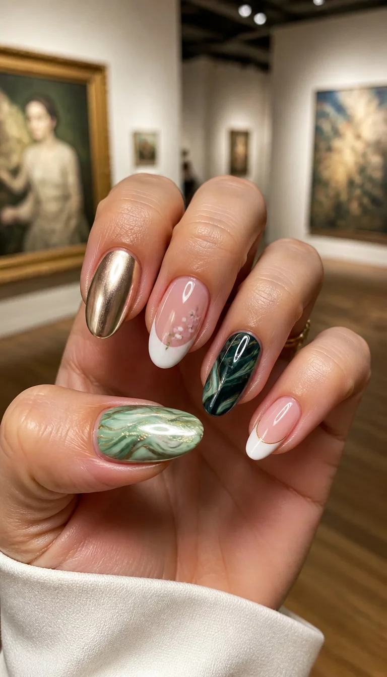 close-up shot of a woman’s hand with five fingers showing a collage of different nail styles: unique swirling patterns, metallic finishes, and classic French manicures with floral accents, art gallery background.