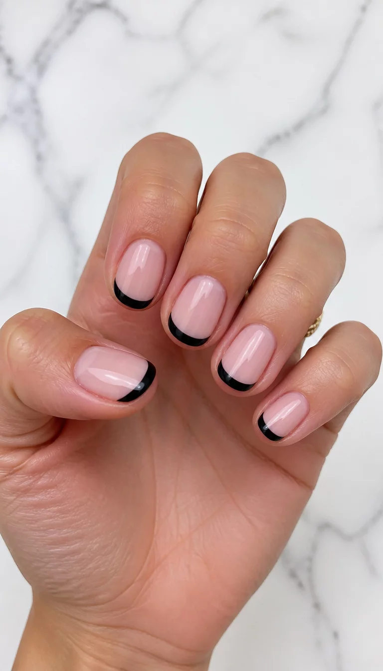 close-up shot of a woman’s hand with five fingers showing short, rounded nails with a classic French manicure featuring sharp black tips and a sheer pink base, white marble background.