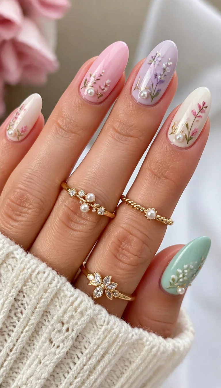 close-up shot of a woman’s hand with five fingers showing almond-shaped nails with a pastel palette and delicate floral designs, accented with small pearls, rings adorn the fingers.
