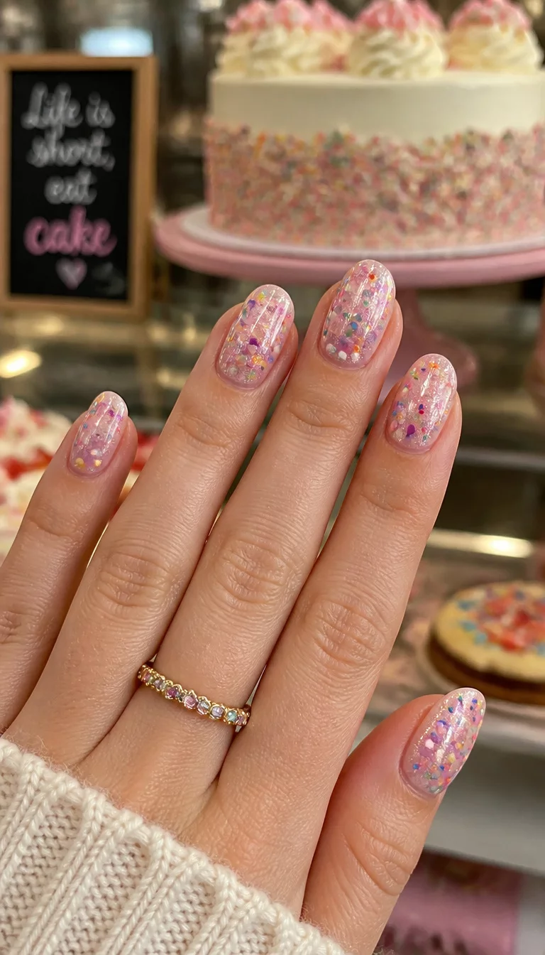 close-up shot of a woman’s hand with five fingers showing oval nails with a glittery, sheer base, decorated with colorful confetti dots resembling sprinkles, bakery background with cake.
