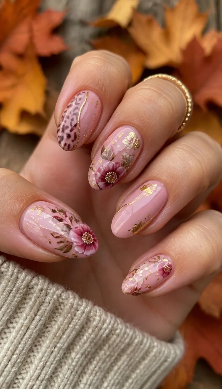 close-up shot of a woman’s hand with five fingers showing oval nails with a pink base, gold accents, floral designs, and a subtle leopard print detail, autumnal leaf background.