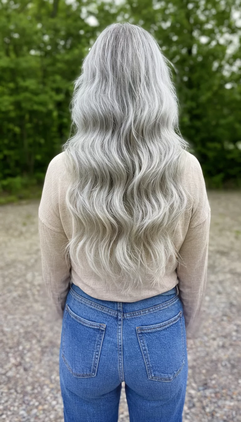 casual photo of a 41-year-old woman wearing jeans and a simple top with a very long, wavy, silvery-blonde colored hairstyle, back view, outdoor