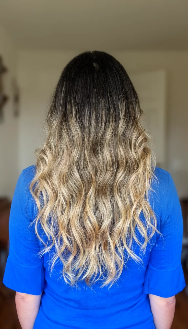 casual photo of a 36-year-old woman wearing a blue top with a long, wavy hair featuring dark roots and blonde ombre colored hairstyle, back view, indoor
