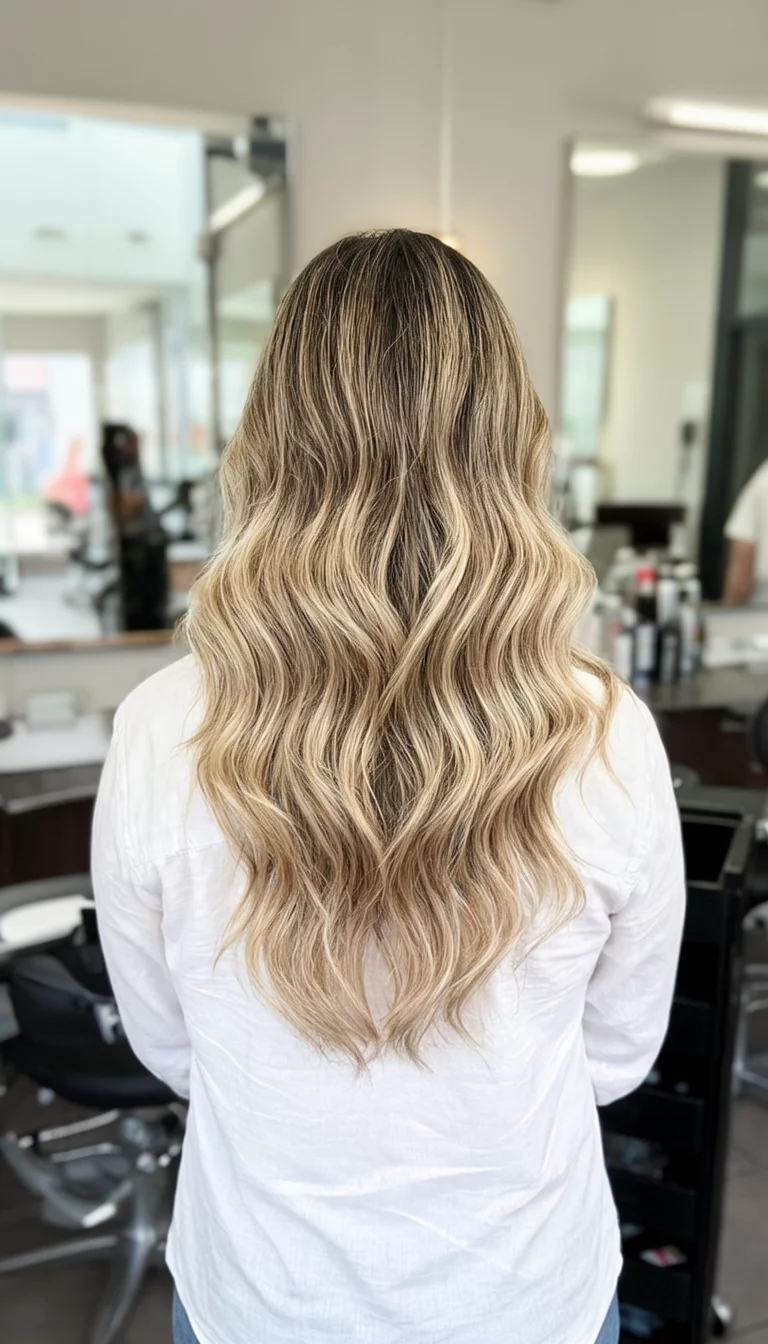 casual photo of a 30-year-old woman wearing a white shirt with a long, wavy, blonde ombre colored hairstyle, back view, salon