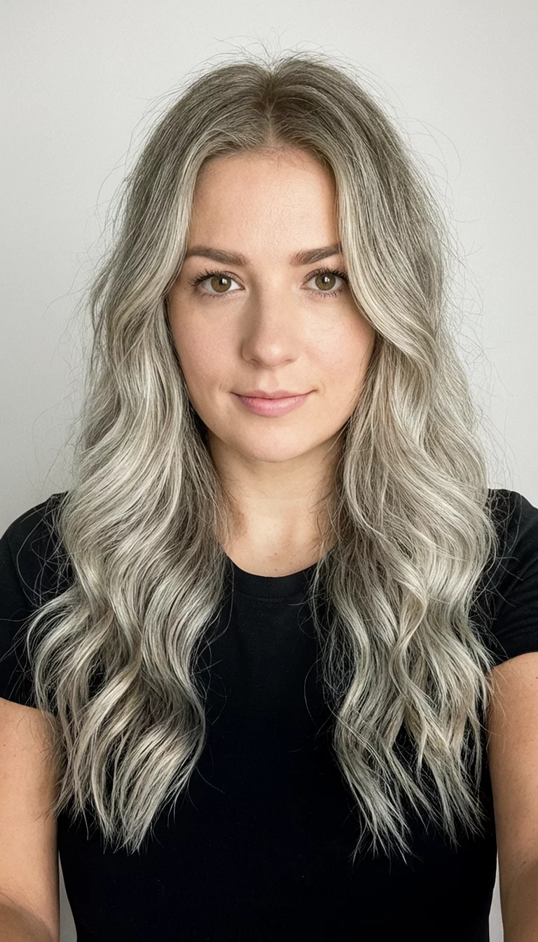 selfie of a 27-year-old woman wearing a black t-shirt with a long, wavy, blonde and ash-toned colored hairstyle, front view, studio