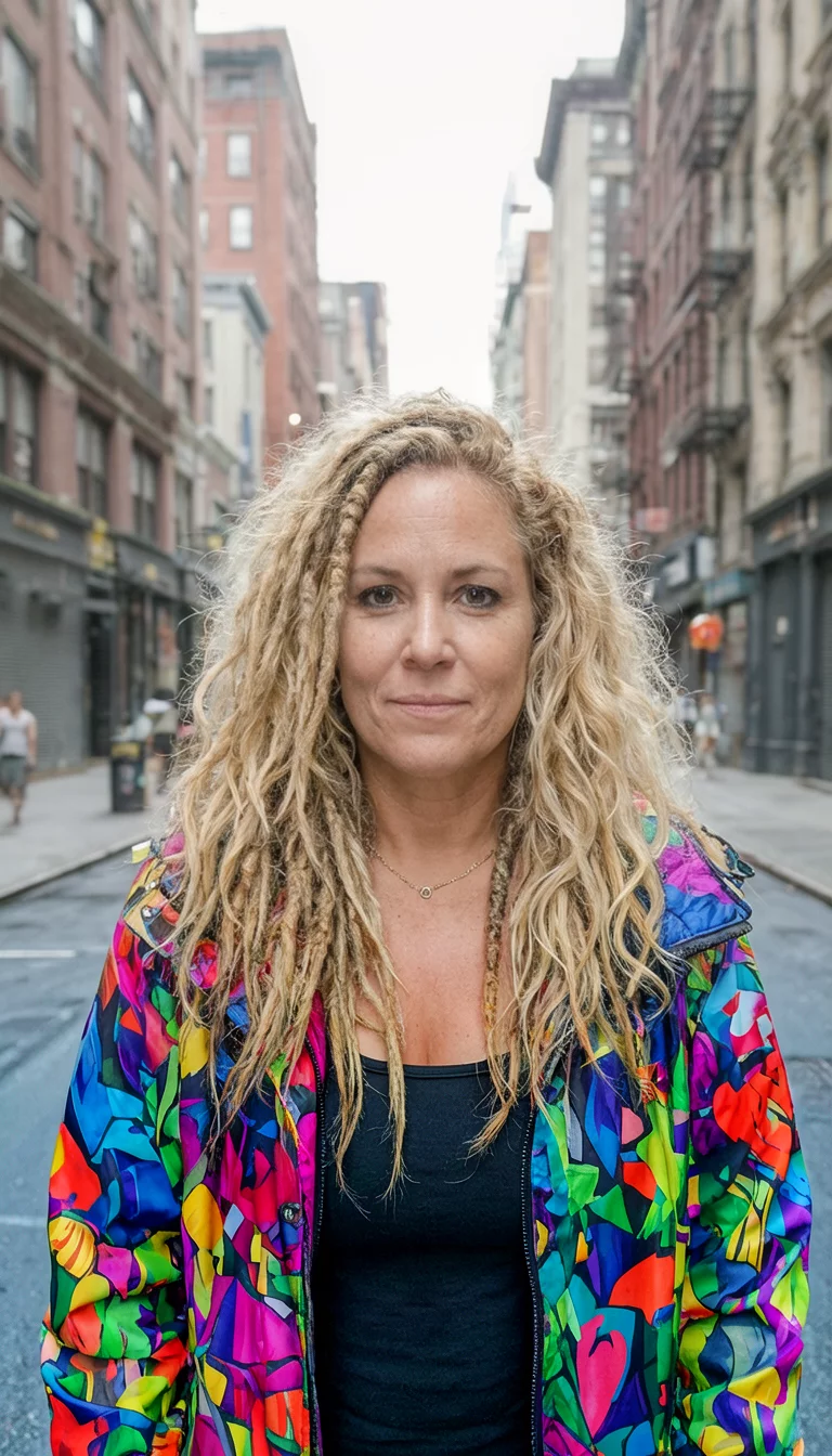 casual photo of a 35-year-old woman wearing a colorful jacket with a diverse blonde colored hairstyle including dreadlocks and waves, front view, urban background