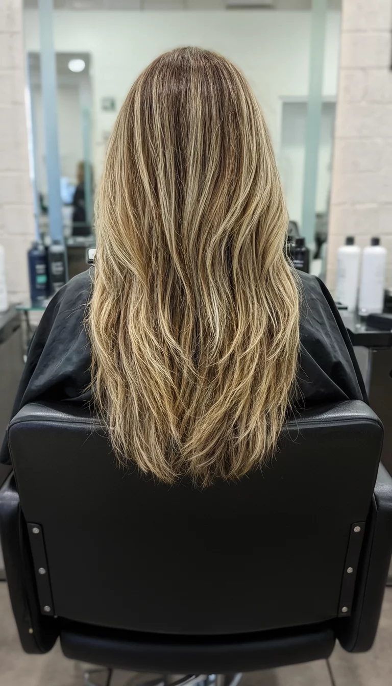 casual photo of a 49-year-old woman wearing a salon cape with a long, layered blonde-brown colored hairstyle, back view, salon chair