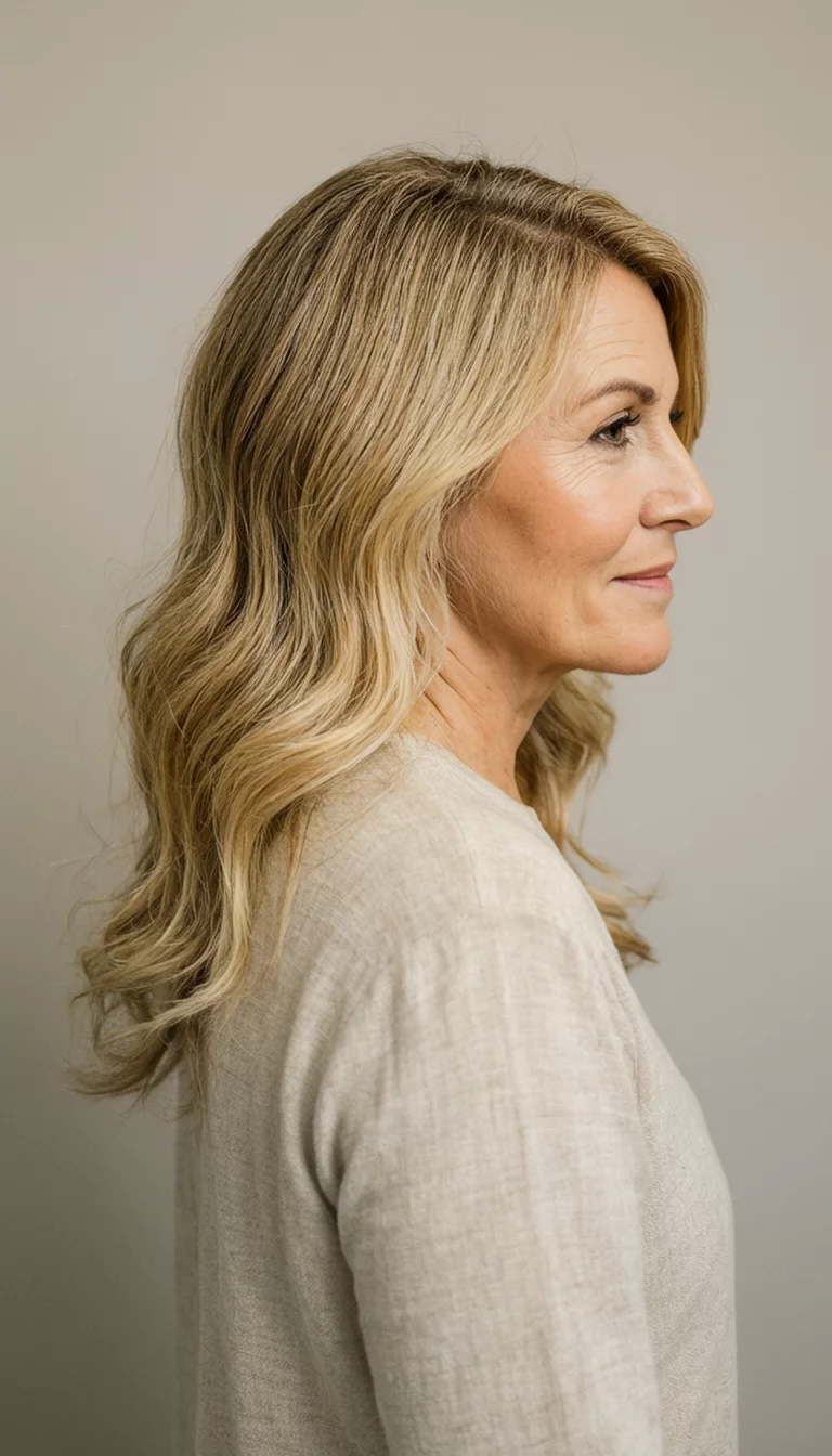 casual photo of a 37-year-old woman wearing a neutral top with a long, layered blonde colored hairstyle styled with soft waves, side view, neutral background