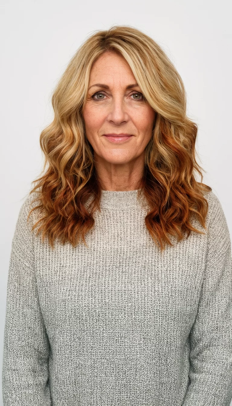 casual photo of a 45-year-old woman wearing a casual sweater with a blonde, caramel, and auburn colored wavy hairstyle, front view, studio