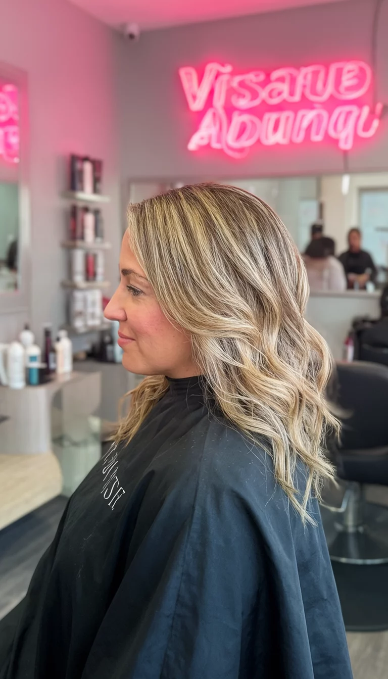 casual photo of a 34-year-old woman wearing a salon cape with a blonde colored hair with subtle highlights styled in loose waves, side view, salon with neon signage