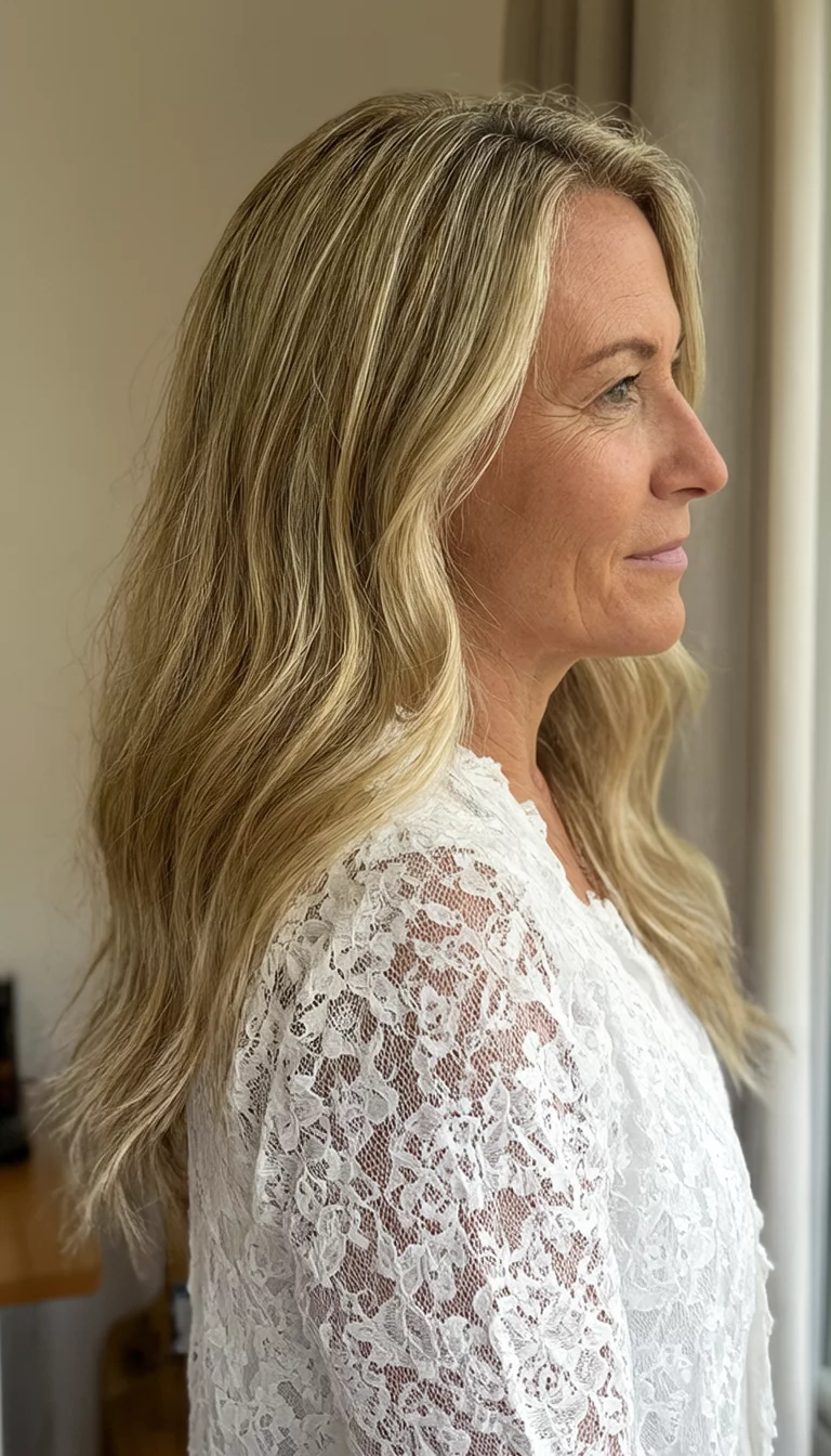 casual photo of a 42-year-old woman wearing a white lacy garment with a long, blonde colored hair with subtle highlights styled in loose waves, side view, soft indoor lighting