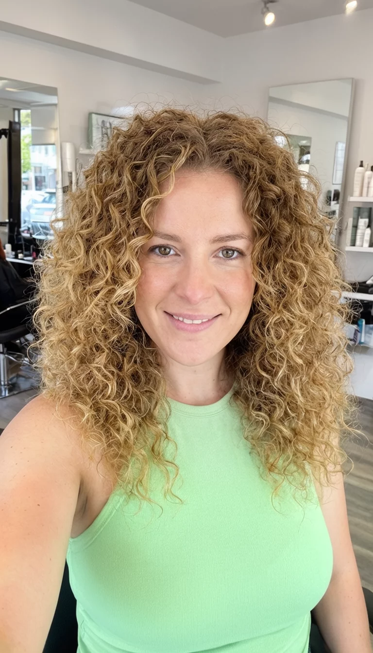 selfie of a 25-year-old woman wearing a light green sleeveless top with a voluminous, curly, honey-blonde colored hairstyle, front view, salon