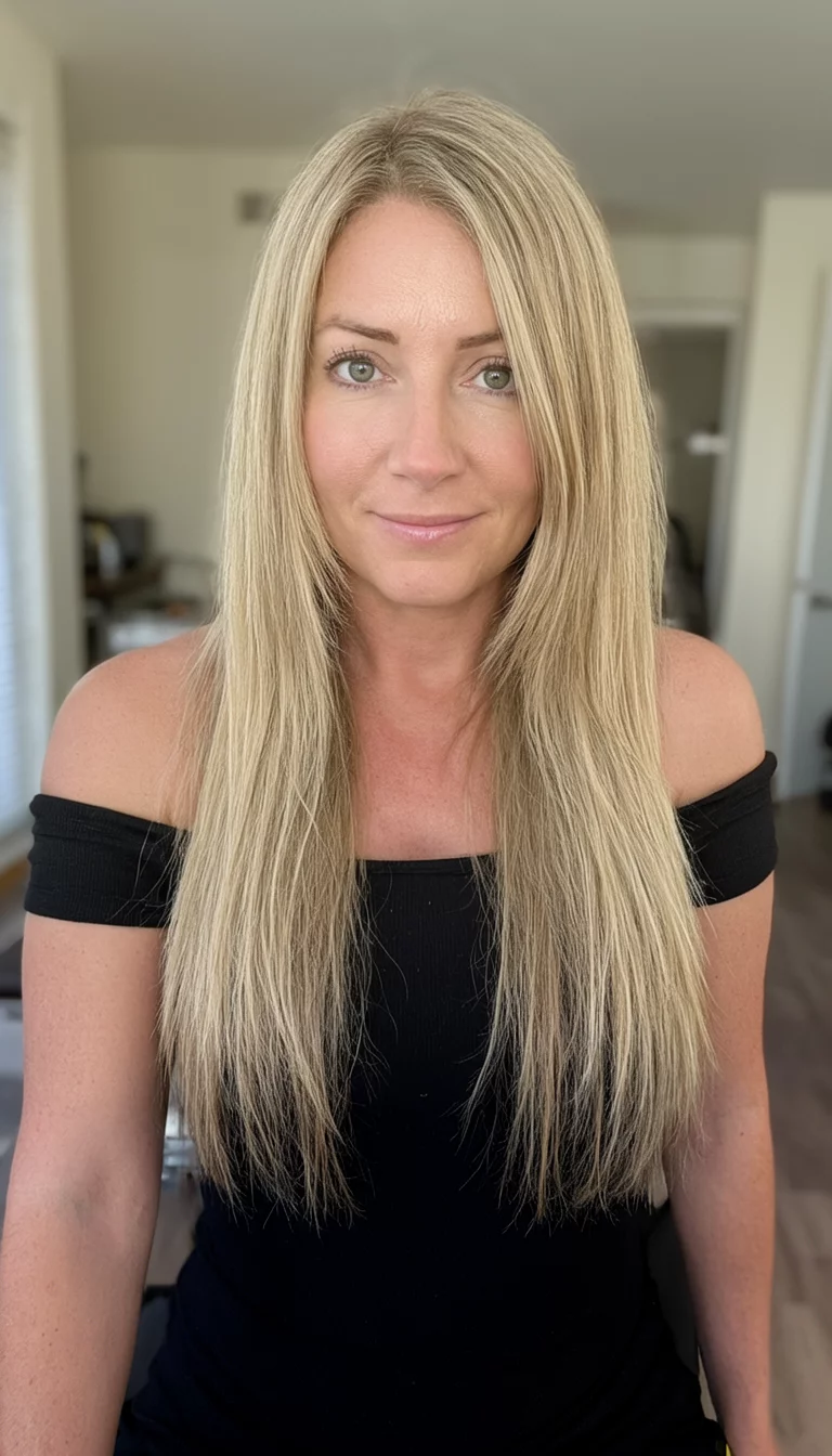 selfie of a 32-year-old woman wearing an off-the-shoulder black top with a long, straight blonde colored hairstyle with face-framing layers, front view, indoor