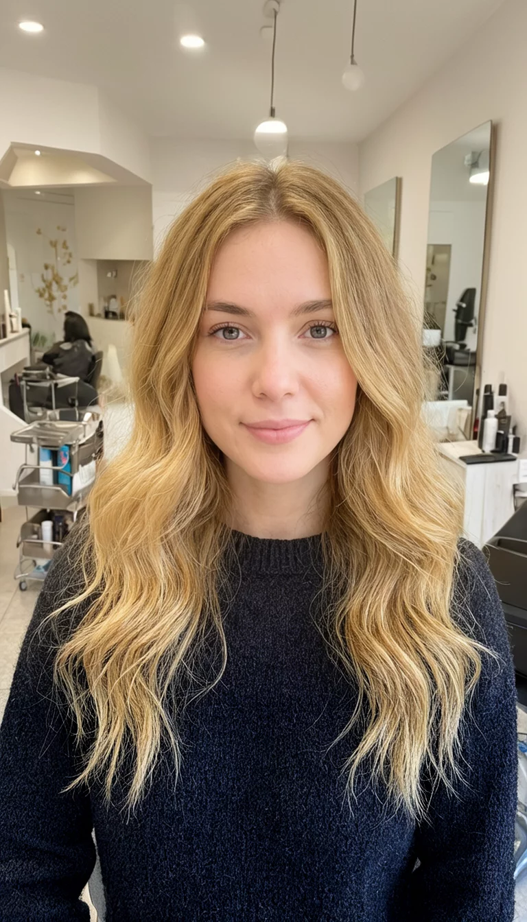 selfie of a 29-year-old woman wearing a dark sweater with a long, wavy, golden-blonde colored hairstyle, front view, salon