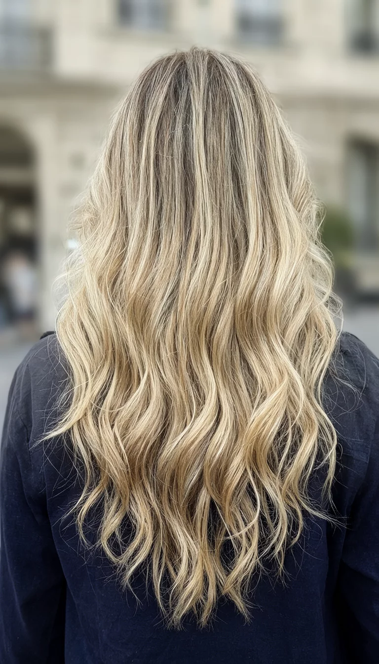 casual photo of a 33-year-old woman wearing a dark garment with a very long, wavy blonde colored hair with added highlights, back view, blurred background