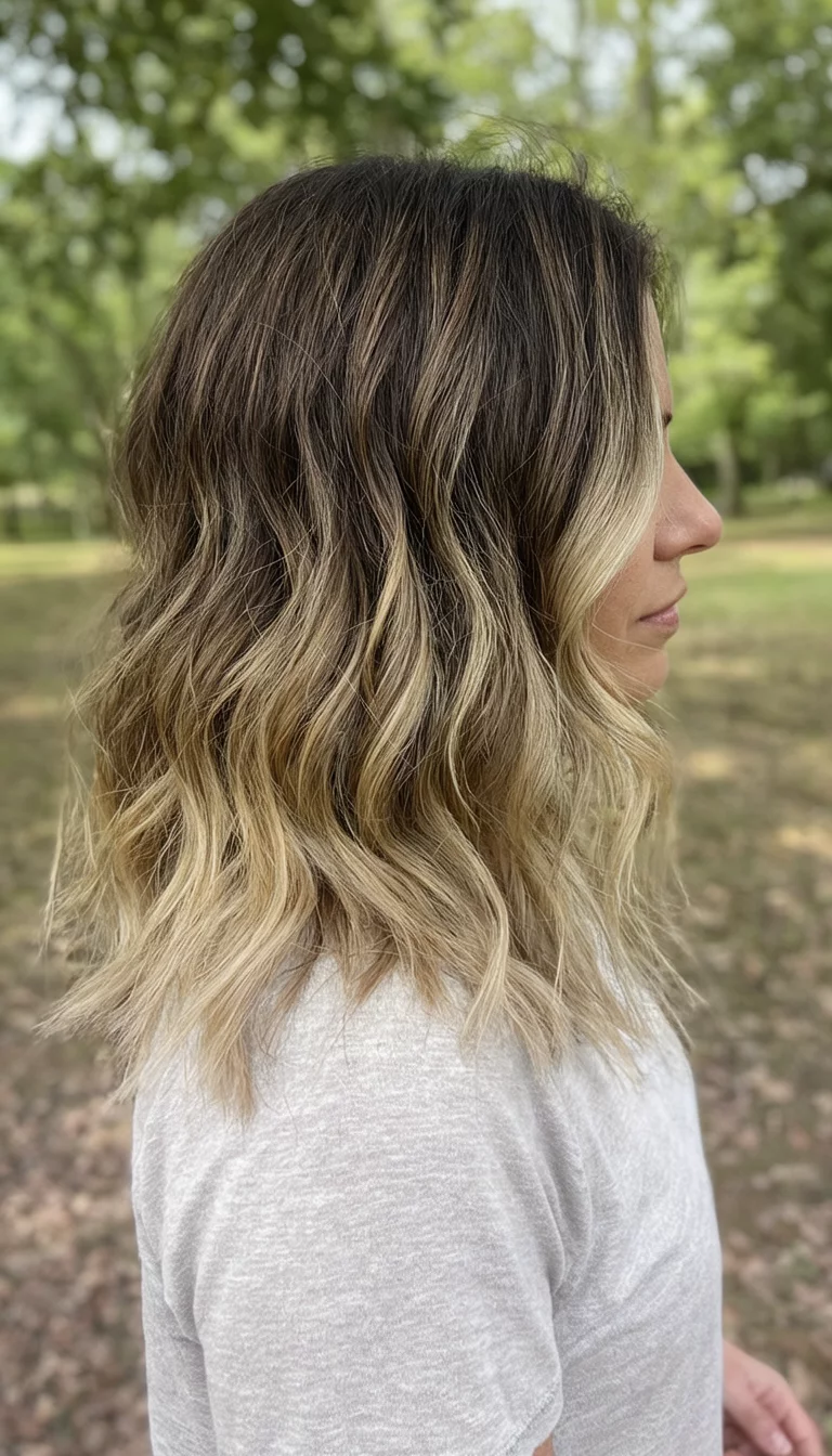 casual photo of a 26-year-old woman wearing a casual top with a medium-length, wavy, balayage-highlighted hair transitioning from brown to blonde ends colored hairstyle, side profile, outdoor
