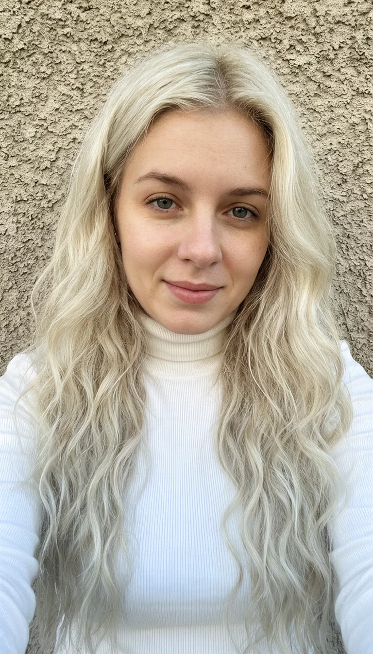 selfie of a 24-year-old woman wearing a white turtleneck with a very long, wavy platinum blonde colored hairstyle, front view, textured background