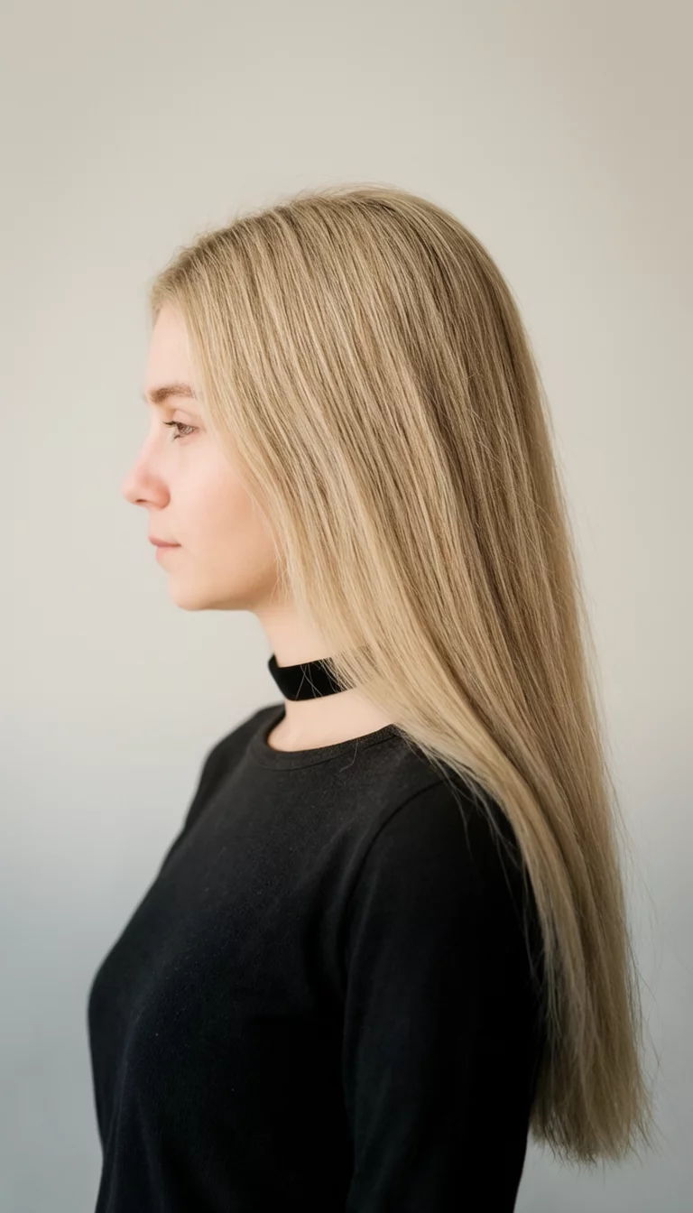casual photo of a 22-year-old woman wearing a black choker and simple top with a long, straight, blonde colored hairstyle, side profile, minimalist background