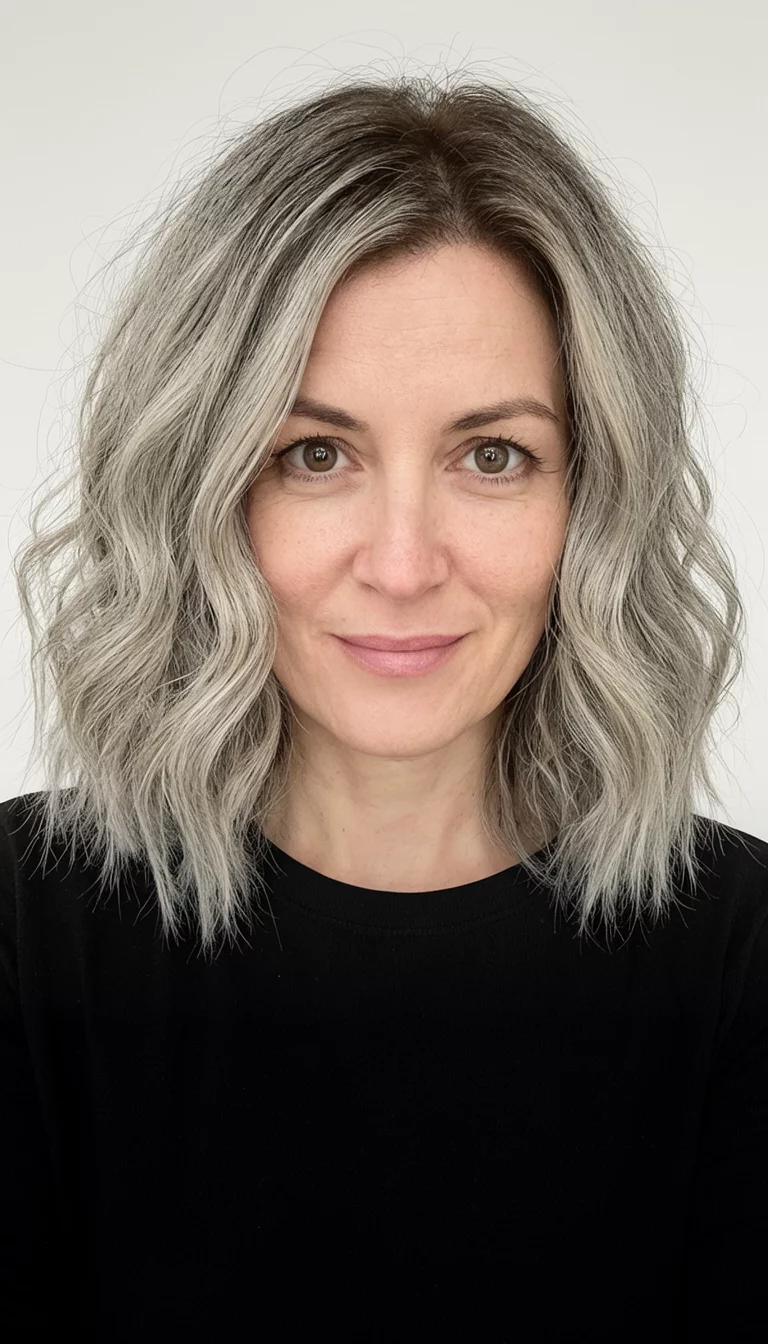 selfie of a 38-year-old woman wearing a black top with a shoulder-length, wavy ash-blonde hair with darker roots colored hairstyle, front view, studio