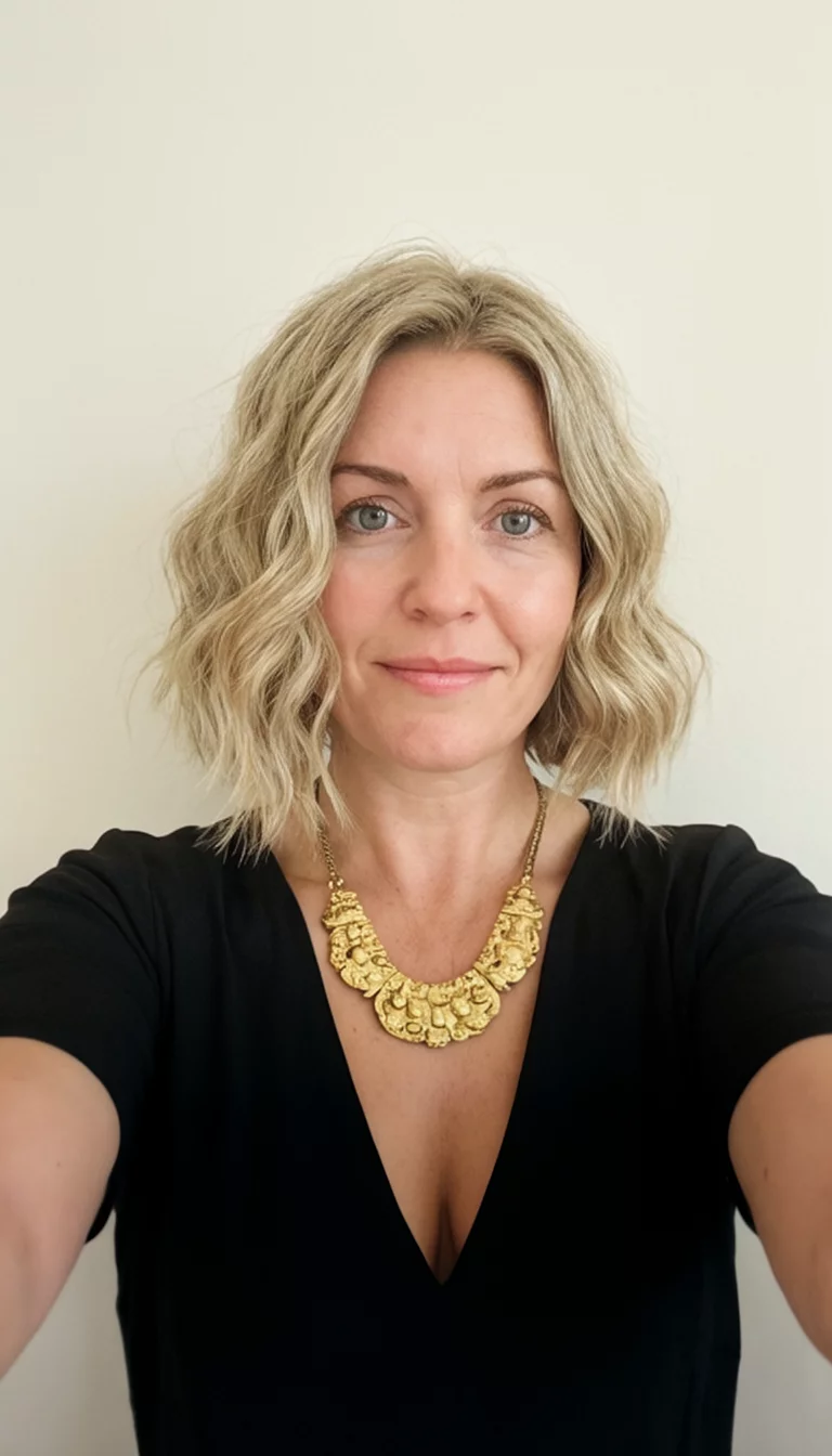 Buttery Champagne Waves selfie of a 33-year-old woman wearing a black dress and a distinctive gold necklace with a blonde colored wavy bob hairstyle, front view, plain background