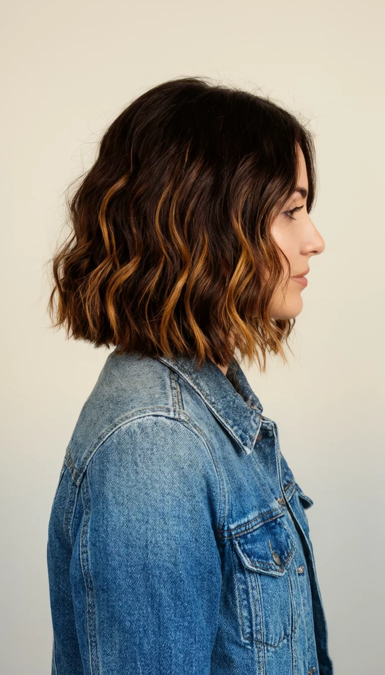 Caramel Ribboned Mocha casual photo of a 30-year-old woman wearing a denim jacket with a dark brown colored wavy bob with caramel highlights hairstyle, side view, plain background