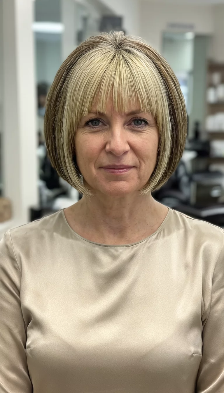Dimensional Sandy Blonde casual photo of a 44-year-old woman wearing a neutral satin top with a blonde-highlighted colored inverted bob hairstyle, front view, salon-like setting