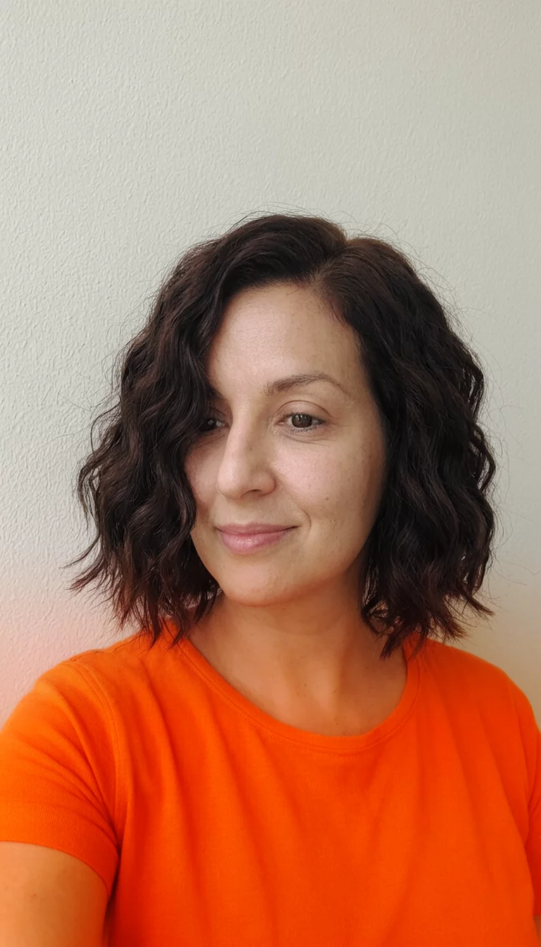Warm Mocha Wave selfie of a 34-year-old woman wearing an orange top with a dark brown colored wavy bob hairstyle, front-side view, plain, neutral wall