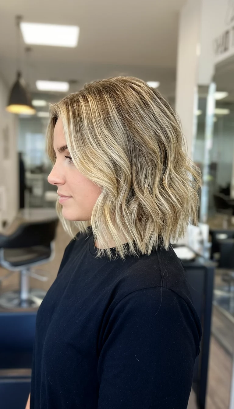 Golden Sun Kissed Balayage casual photo of a 29-year-old woman wearing a black top with a blonde balayage highlights colored wavy bob hairstyle, side view, salon setting