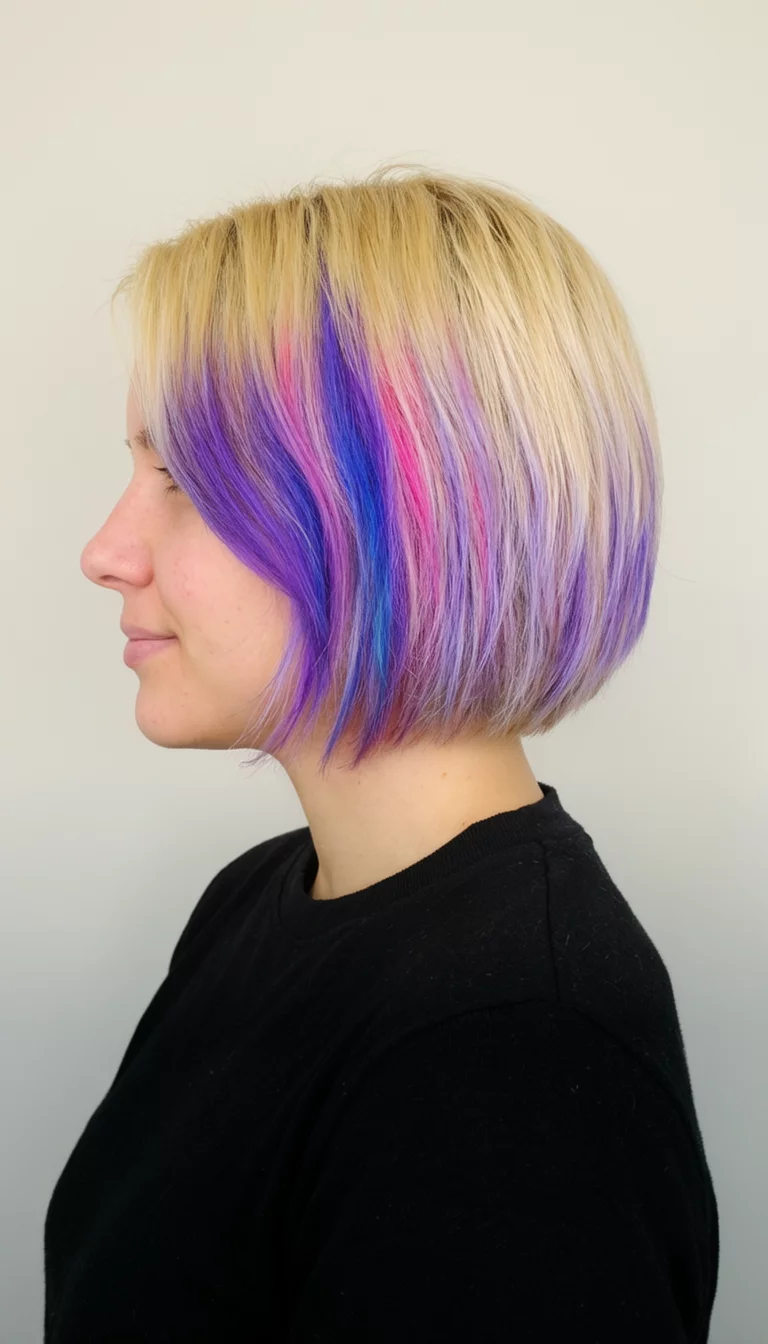 Pastel Prism Highlights casual photo of a 24-year-old woman wearing a black top with a blonde bob haircut with colorful purple, pink, and blue highlights hairstyle, side view, light background