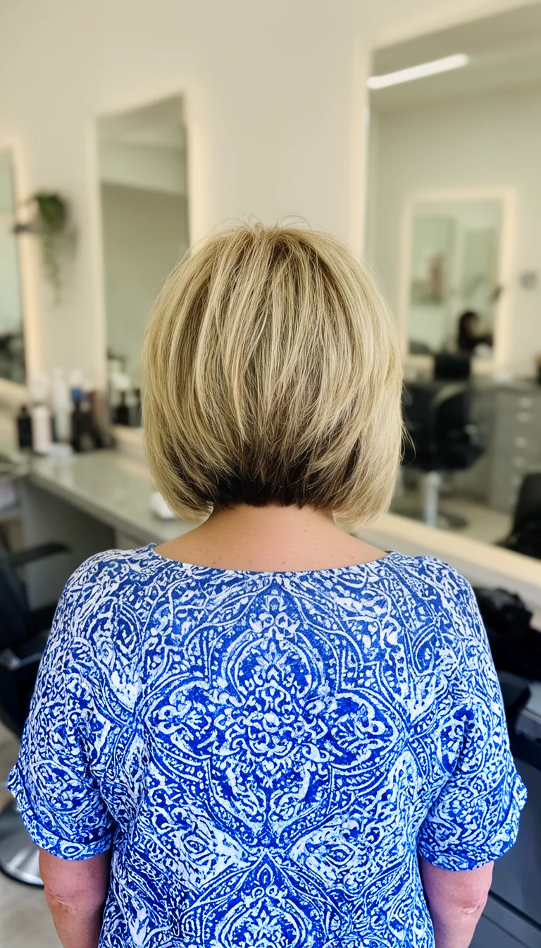 Shadow Rooted Flaxen Blonde casual photo of a 38-year-old woman wearing a blue and white patterned top with a blonde colored layered bob with darker roots hairstyle, back-side view, salon-like setting