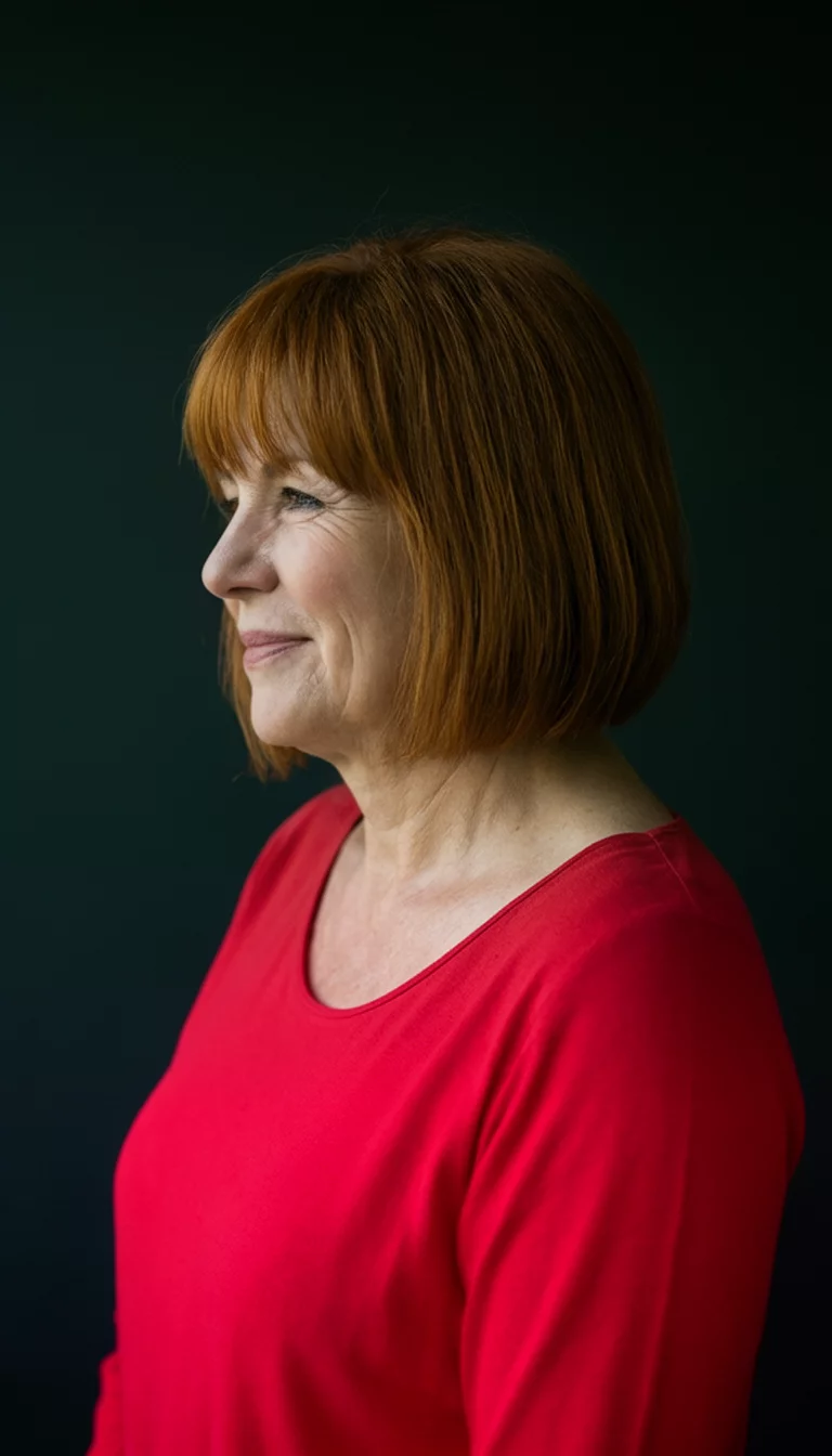 Vintage Auburn Glow casual photo of a 42-year-old woman wearing a red top with a auburn colored bob hairstyle, side view, dark background