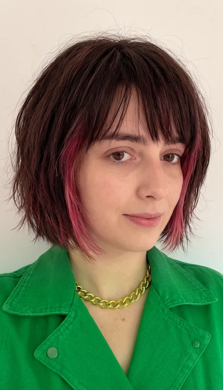 Rose Tinted Brunette selfie of a 33-year-old woman wearing a green jacket and a gold chain necklace with a dark brown colored choppy bob with subtle reddish-pink highlights hairstyle, front-side view, plain background