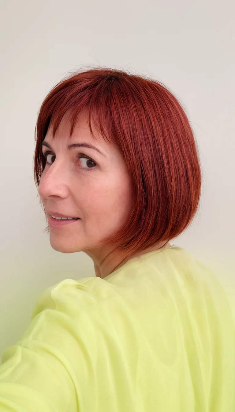 Rustic Ginger Brown selfie of a 39-year-old woman wearing a pale yellow garment with a reddish-brown colored bob hairstyle, side-angled view, plain background