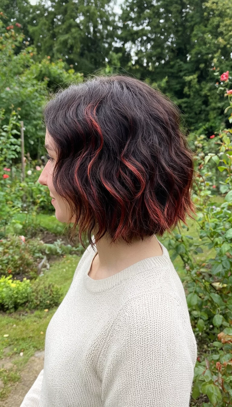 Subtle Cherry Chocolate casual photo of a 31-year-old woman wearing a light-colored sweater with a dark brown colored wavy bob with subtle red-brown highlights hairstyle, side view, garden setting