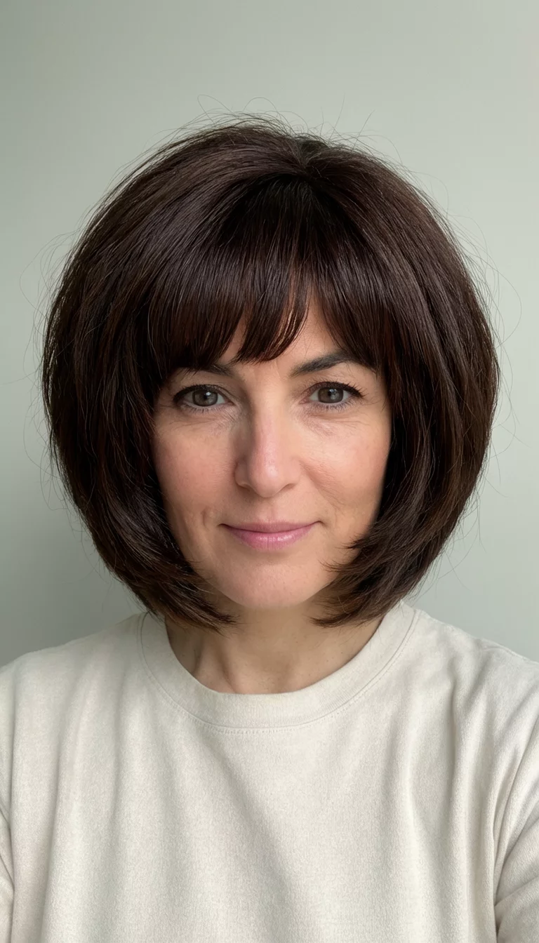 Voluminous Chestnut Brown selfie of a 37-year-old woman wearing a light-colored top with a dark brown colored voluminous bob haircut with face-framing layers hairstyle, front view, plain background