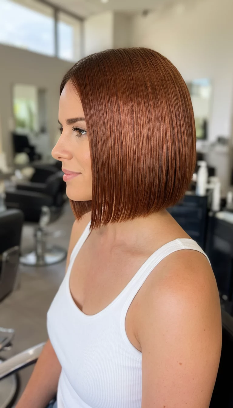 Metallic Copper Silk casual photo of a 29-year-old woman wearing a white tank top with a copper-toned colored sleek bob hairstyle, side view, salon setting