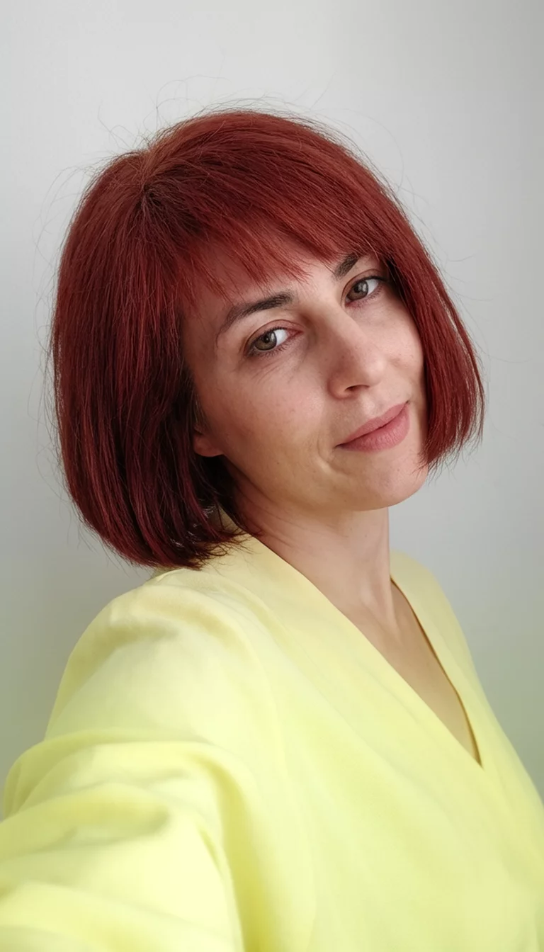 Cinnamon Spice Brunette selfie of a 36-year-old woman wearing a pale yellow garment with a reddish-brown colored bob hairstyle, side-angled view, plain background