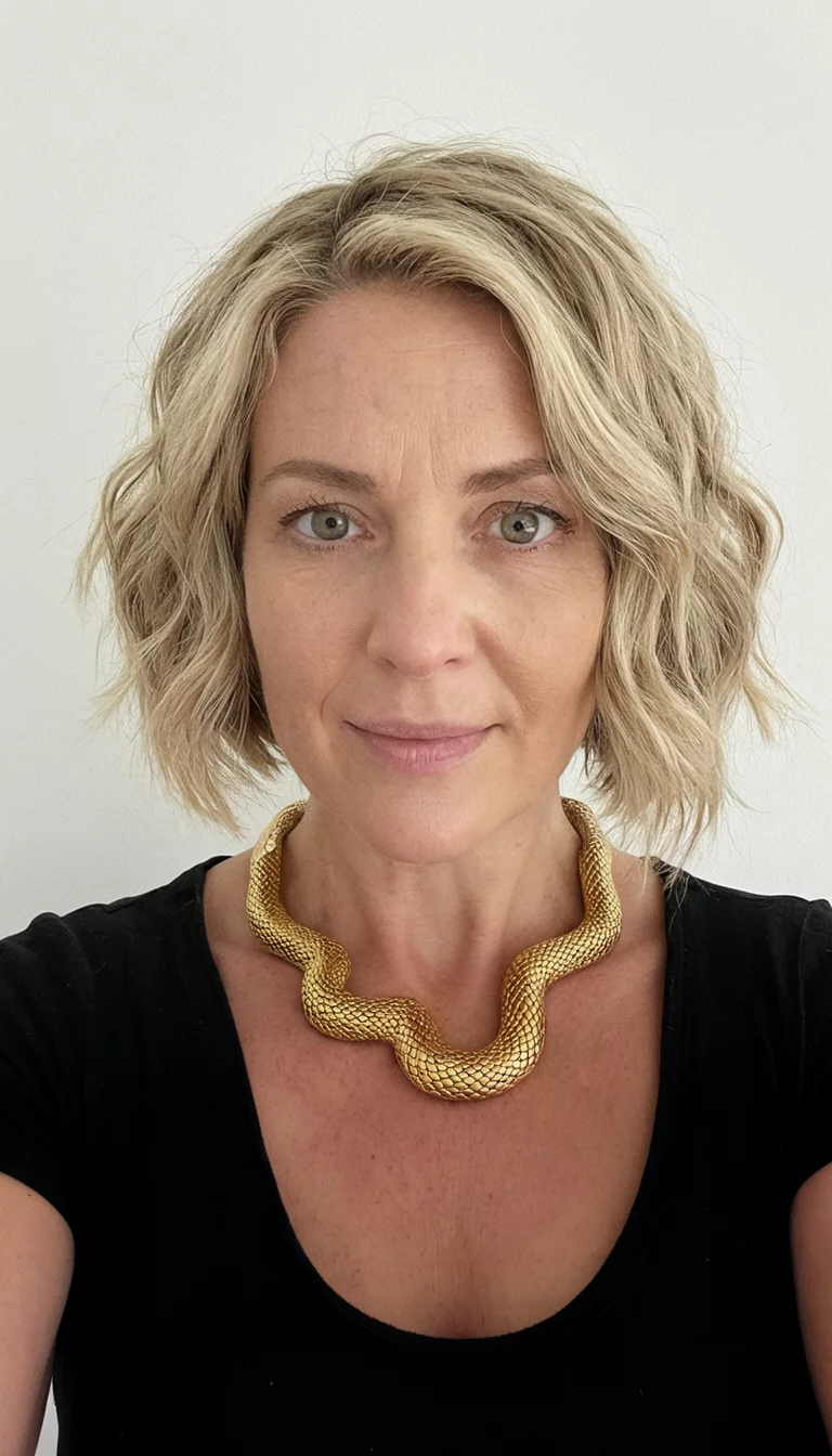 Gilded Honey Blonde selfie of a 33-year-old woman wearing a black top and a striking gold snake necklace with a blonde colored wavy bob hairstyle, front view, plain background